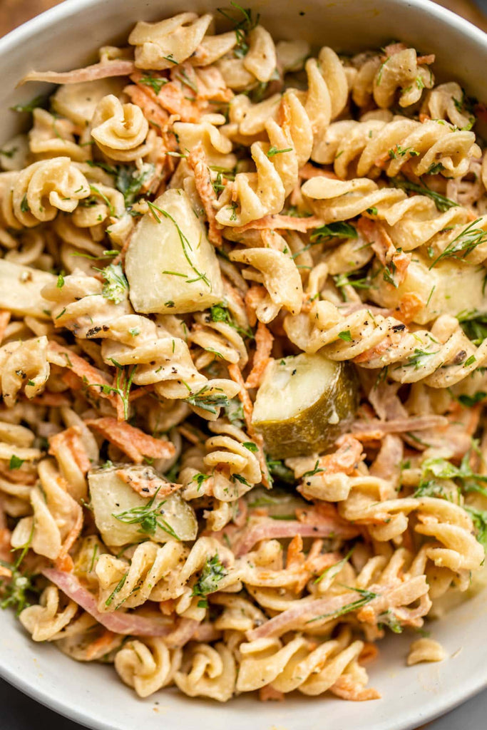 Moonshine Pickle Pasta Salad (Alcohol Free)