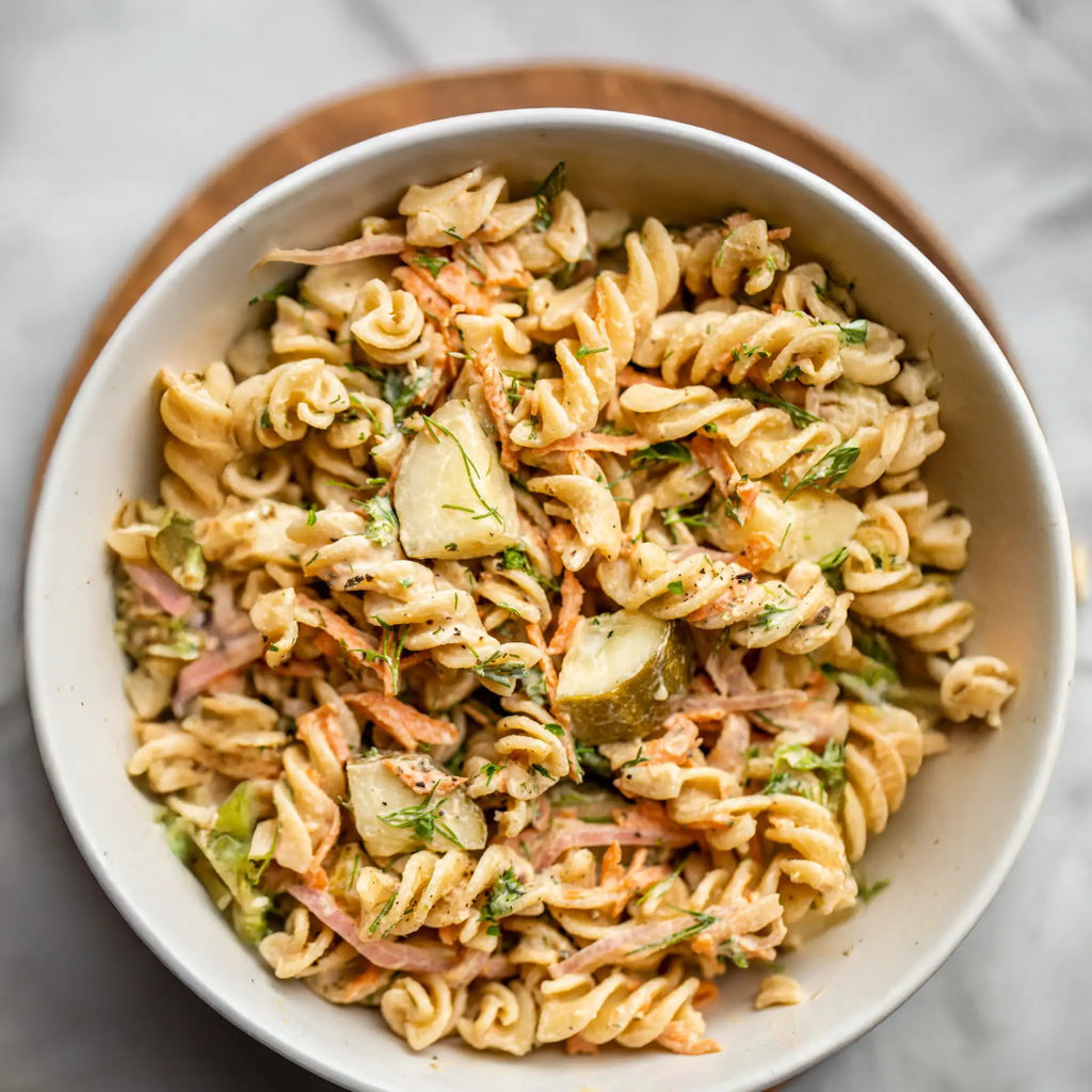 Moonshine Pickle Pasta Salad (Alcohol Free)